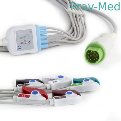 Siemens Drager 5 สายเคเบิลสำหรับผู้ป่วย ECG ตะกั่วสำหรับการตรวจสอบผู้ป่วยขั้วต่อ 10 พินพร้อมปลายหนีบ / สแนป