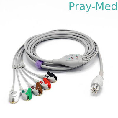 สายเคเบิลของผู้ป่วย ECG สายโคลิน 5 สายเคเบิลเส้นผ่าศูนย์กลาง 5.0 มม. ปลั๊ก 6 รู 3.6 ม. ยาว